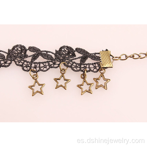 Flor negra encaje tobillera encanto estrella cordón pulsera para el tobillo para mujeres